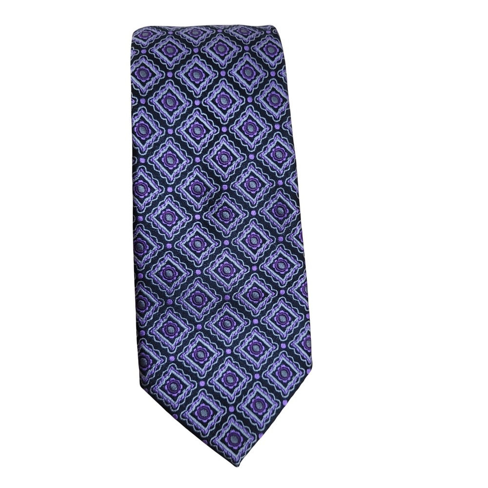 Bugatchi Mens Silk Tie Purple Grey Geometric Medallion‎ Made in Italy Necktie